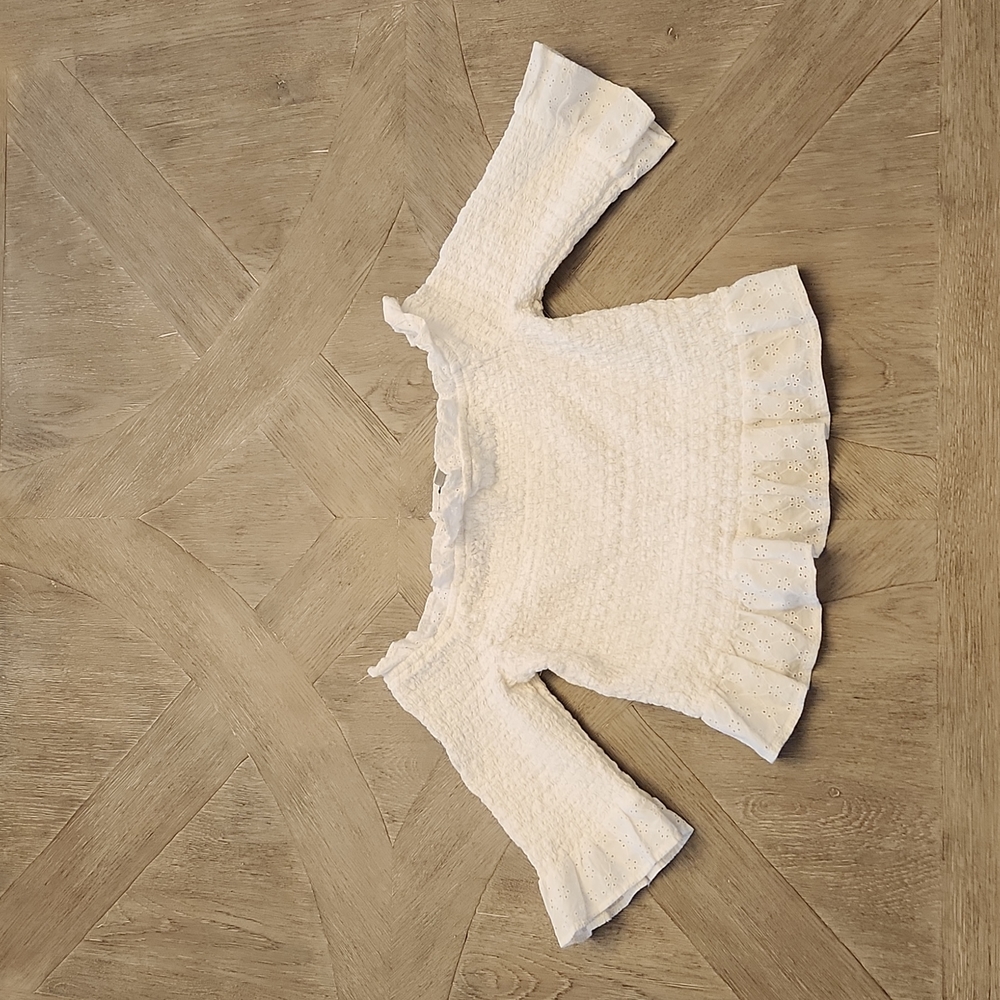 American Eagle Outfitters White Off-Shoulder Eyelet Peplum Top